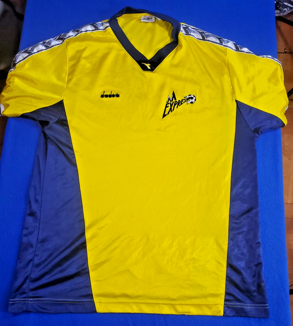 Vintage 90s Diadora Soccer Jersey Mens XL Yellow Navy Express Taped Logo Shirt